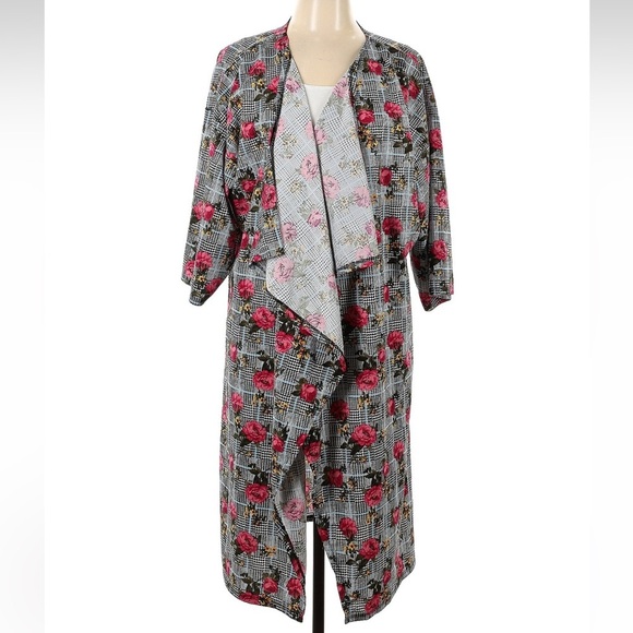 LuLaRoe Floral Black Plaid Shirley Open-Front Long Kimono Duster Cardigan Size L - Picture 6 of 6